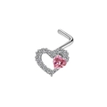 Detailed view of an L-shaped nose stud with pink heart stone and pavé cubic zirconia - Pink Heart Style (#7)