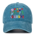 Distressed blue washed cotton baseball cap with colorful floral and GRANDMA embroidery - Adjustable / Lake Blue