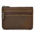 Vintage brown crazy horse leather coin purse with double zipper and yellow stitching - Crazy Horse Brown