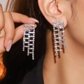 Luxurious silver tassel earrings with sparkling rhinestones for evening wear - Silver Long Geometric Tassel (DTE1316535S-W)