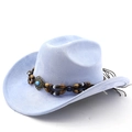 Detail of light blue faux suede cowboy hat with bohemian beaded band and turquoise stone - M (56-58cm) / Light Sky Blue