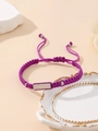 Detail of hand-woven purple bracelet with polished silver plate and adjustable drawstrings - Purple (Silver Plate)