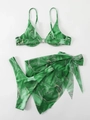 Three-piece marble print bikini set including top, bottoms, and sheer matching sarong - Green