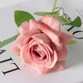 Pink velvet artificial rose flower head with green leaves for wedding floral decor - Dust Rose