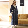 Thick navy blue flannel bathrobe with grey faux fur collar and matching waist tie - M / Mrs. / Navy Blue