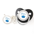 Close-up of black baby pacifier and silver clip with blue Prince crown and crystals - Silver Prince (Black Shield) (18)