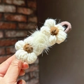 Handcrafted white flower hair claw clip with a brown center and soft fuzzy pompom detail - 050 Pompom Flower - Beige