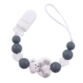 Detail of grey and white silicone pacifier clip with heart beads and white bear charm - Dark Gray