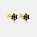 Détail macro de boucles d'oreilles fleurs en argent S925 doré avec zircon noir et vis - Argent 925 / Or 18k (Zircon Noir)