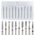 Vista macro di 10 punte diamantate per unghie con diverse forme e anelli codificati a colori - Set di Sabbia Diamantata Multi-specifica (OMA03)