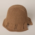Detail of khaki crochet sun hat featuring intricate lace cutouts and wavy brim design - M (56-58cm) / Brown