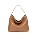 Classic caramel woven leather hobo shoulder bag with minimalist retro aesthetic - Khaki