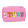 Rosa Kosmetiktasche aus Nylon mit bunten Chenille-Glitzer-STUFF-Patches - 5 Buchstaben STUFF / Rosa