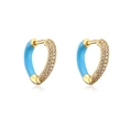 Detail of gold heart hoop earrings with blue enamel and sparkling cubic zirconia stones - Blue