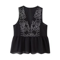 Top sin mangas negro para mujer con cuello en V, bordado y dobladillo con volante - XS / Negro