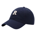 Classic navy blue cotton baseball cap featuring a retro white towel embroidered R letter patch - Adult Adjustable / Navy Blue