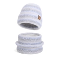 Winter knit hat and scarf set with blue and grey stripes and mountain leather patch - Two-Piece Set / Blue