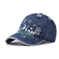 Distressed dark blue denim baseball cap with hand-painted graffiti and worn details - Adjustable / Dark Denim