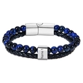 Detail of blue tiger eye beads and braided leather cord with custom engraved name bead - Blue Tiger Eye Stone