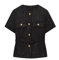 Détails de la veste en tweed noir à paillettes, boutons dorés et ceinture assortie - XS / Noir