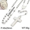 Silver stainless steel rosary necklace with cross pendant and 6mm polished beads - Wireframe Cross And Holy Medal Style (KN227559-Z)