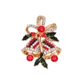 Christmas gold bell brooch with red and green rhinestones and enamel holly leaves - Rhinestone Double Bells