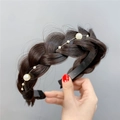 Dark brown fishtail braided headband with elegant white pearls for high skull top look - Pearl Style / Black Brown