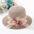 Khaki foldable straw sun hat with pink chiffon flower and pearl decoration - Pearl Style Coffee