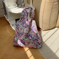 Borsa tote in tela a fiori viola e arancioni con etichetta in tessuto LOVE in stile - Tulipano Viola