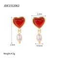 Detail showing 18k gold heart earrings with red stones and drop pearl measurements - Red Heart Artificial Pearl Drop Earrings (JDE2312062)