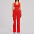 Red sports yoga set with halter neck V-neck top and high waist flared yoga pants - 3109 Vest + 3109 Flare Pants - Bright Red