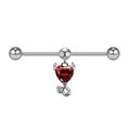 Devil heart stainless steel cartilage barbell earring with red zircon and white stones - Red