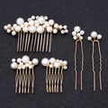 Five-piece vintage baroque pearl bridal hair set with gold wire combs and U-shaped pins - Set 2 (3 Combs + 2 Pins) / Gold