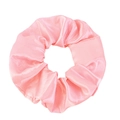 Detailed view of pink satin scrunchie showing smooth silky texture and soft folds - Champagne