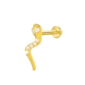 Golden snake-shaped labret stud with pavé white zircon stones on white background - Gold Snake (K-929)