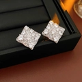 Macro shot of silver plated square stud earrings with pavé set zircon on a black stand - Silver with Silver Earring Post (Real Gold Plated)