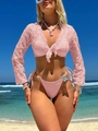 Detail of pink long sleeve mesh crop top with knotted chest design and bikini bottom - S / Pink