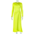 Detail of elegant slim fit long dress with ruched waist and asymmetric neckline in lime green - S / Neon Yellow