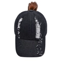 Distressed black denim baseball cap with ponytail extension and ripped detail - Cross Opening Design (with demo wig) / Black Single Cross Ponytail Hole