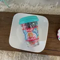 Colorful kids hair ties set in a mini coffee cup container with cute bear sticker - Blue