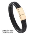 Men's braided black leather bracelet with a gold magnetic clasp, length 22.5cm - 22.5CM / Gold Clasp Black Leather