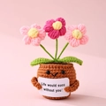 Handmade crochet positive potted flowers with cute smiley pot and motivational tag - Positive Potted-Puff Flower Pink