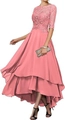 Pink lace evening dress with elegant half sleeves and high-low layered chiffon skirt - US 2 / Coral