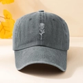 Close-up of white rose embroidery on washed grey cotton baseball cap for autumn - Gray
