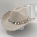 Beige western cowboy hat with silver rhinestones and metal rivets on a grey felt band - Beige