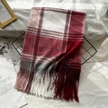 Classic red grey and white plaid cashmere scarf with soft fringes in a flat lay setup - China Red