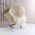 Women summer straw sun hat in light khaki with elegant white lace bow decoration - Lace Bow Straw Hat Beige