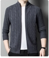 Men's gray knit cardigan sweater with textured zipper design and standing collar - M / Gray