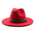 Detailed close-up of a bright red wool fedora hat with a black leather band and gold stud - M (56-58cm) / Red