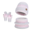 3-piece winter knit set with hat, scarf and gloves in pink and grey stripe design - Three-Piece Set / Pink